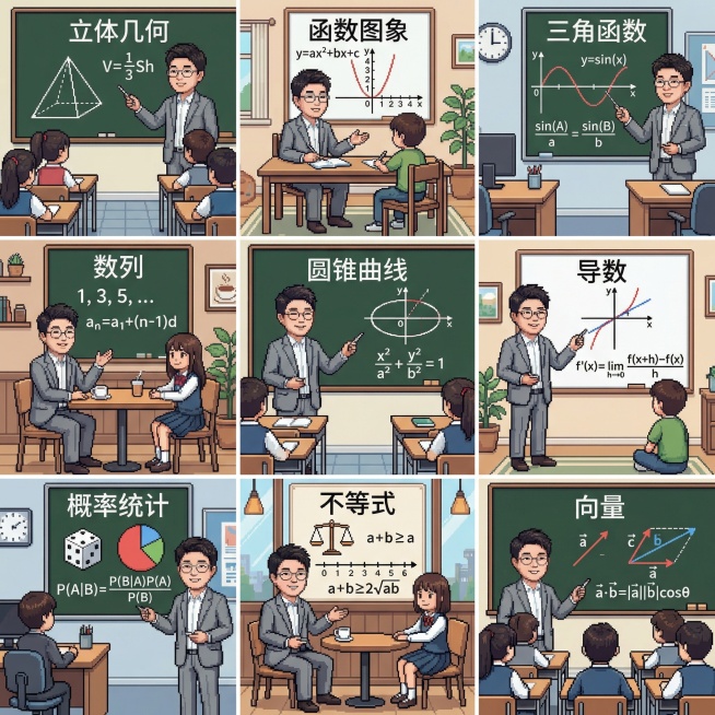 帮我生成关于高中数学的九宫格图片，要有老师和学生，老师的脸帮我设计成这张图片的，学生是中国人，场景是教室、家里、办公室、咖啡厅等，帮我生成20张预览效果