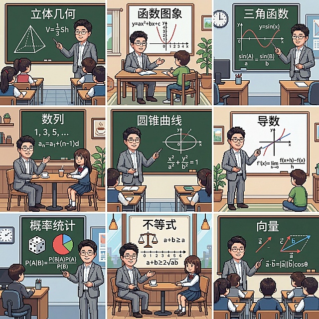 帮我生成关于高中数学的九宫格图片，要有老师和学生，老师的脸帮我设计成这张图片的，学生是中国人，场景是教室、家里、办公室、咖啡厅等，帮我生成20张