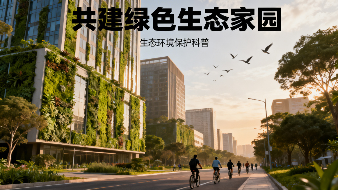 生态环境保护科普横屏封面，画面展现城市与自然共生的场景，高楼旁有垂直绿化，街道上有骑行的人群，天空有飞鸟，标题为"共建绿色生态家园"，风格写实大气，色调温暖和谐，体现可持续发展的环保理念，适合正式科普预览效果