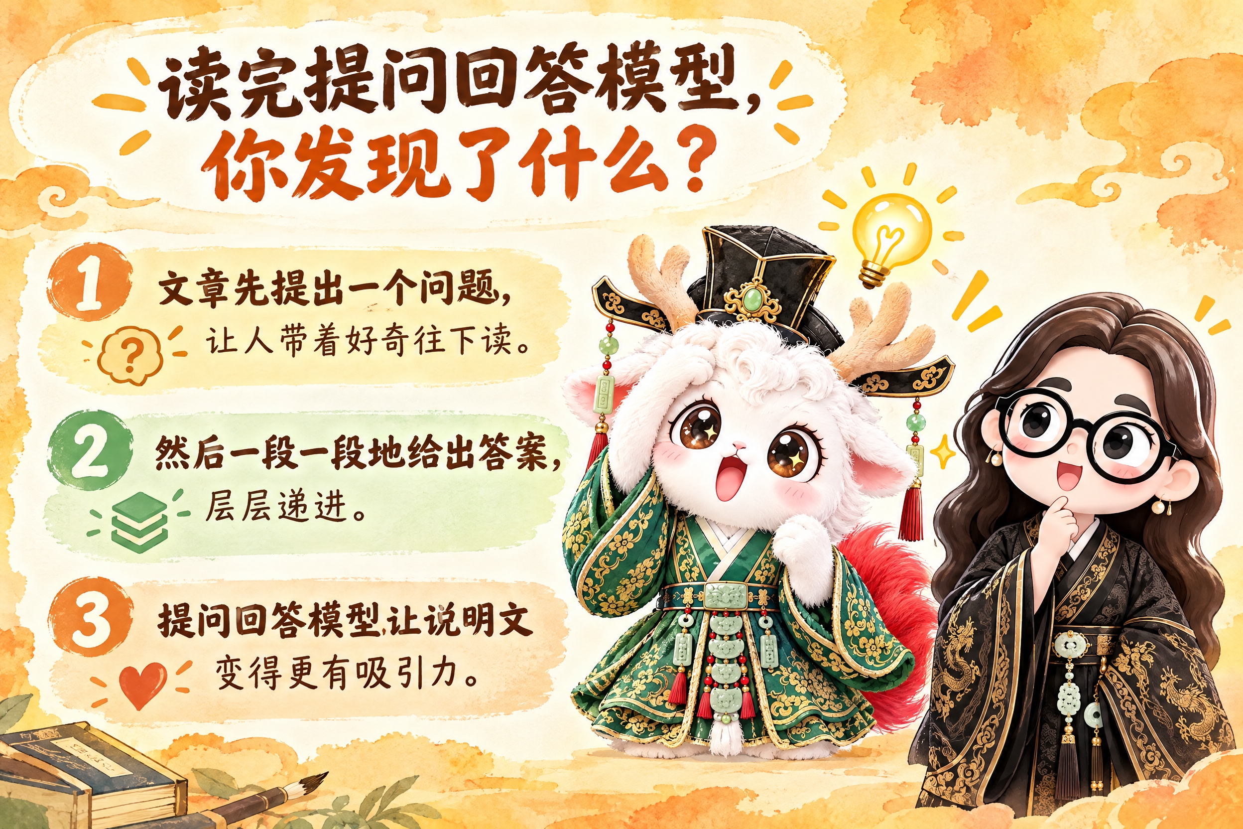 横版6寸比例的知识卡片设计，标题为"读完提问回答模型，你发现了… - 图片创意预览