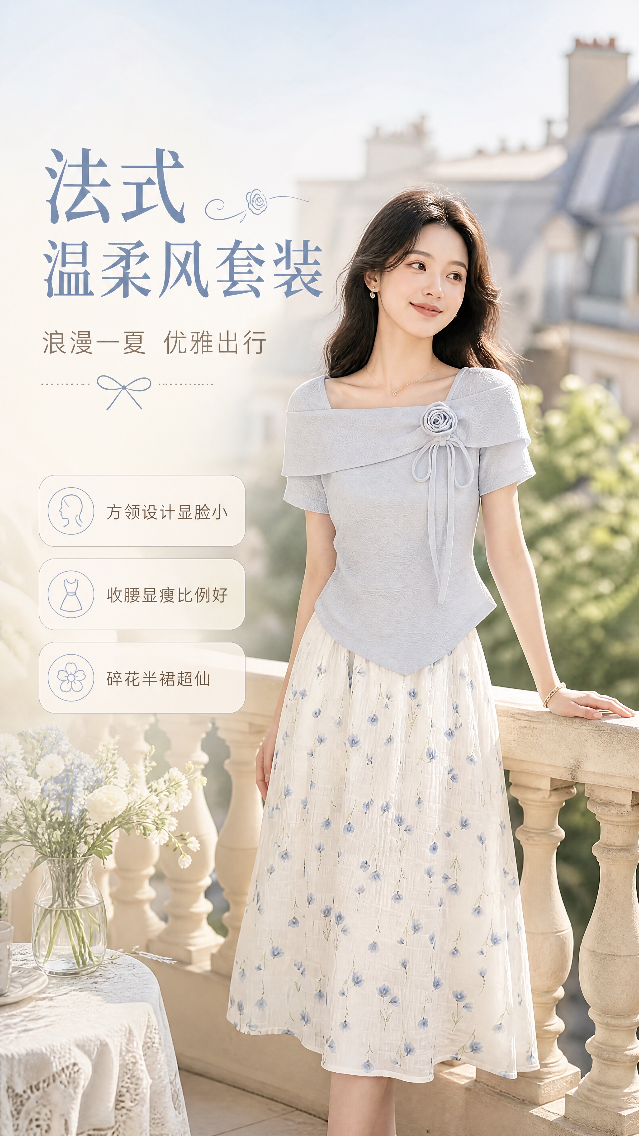 [商品] 使用【图1】法式方领玫瑰系带短袖+碎花半身裙两件套；… - 图片创意预览