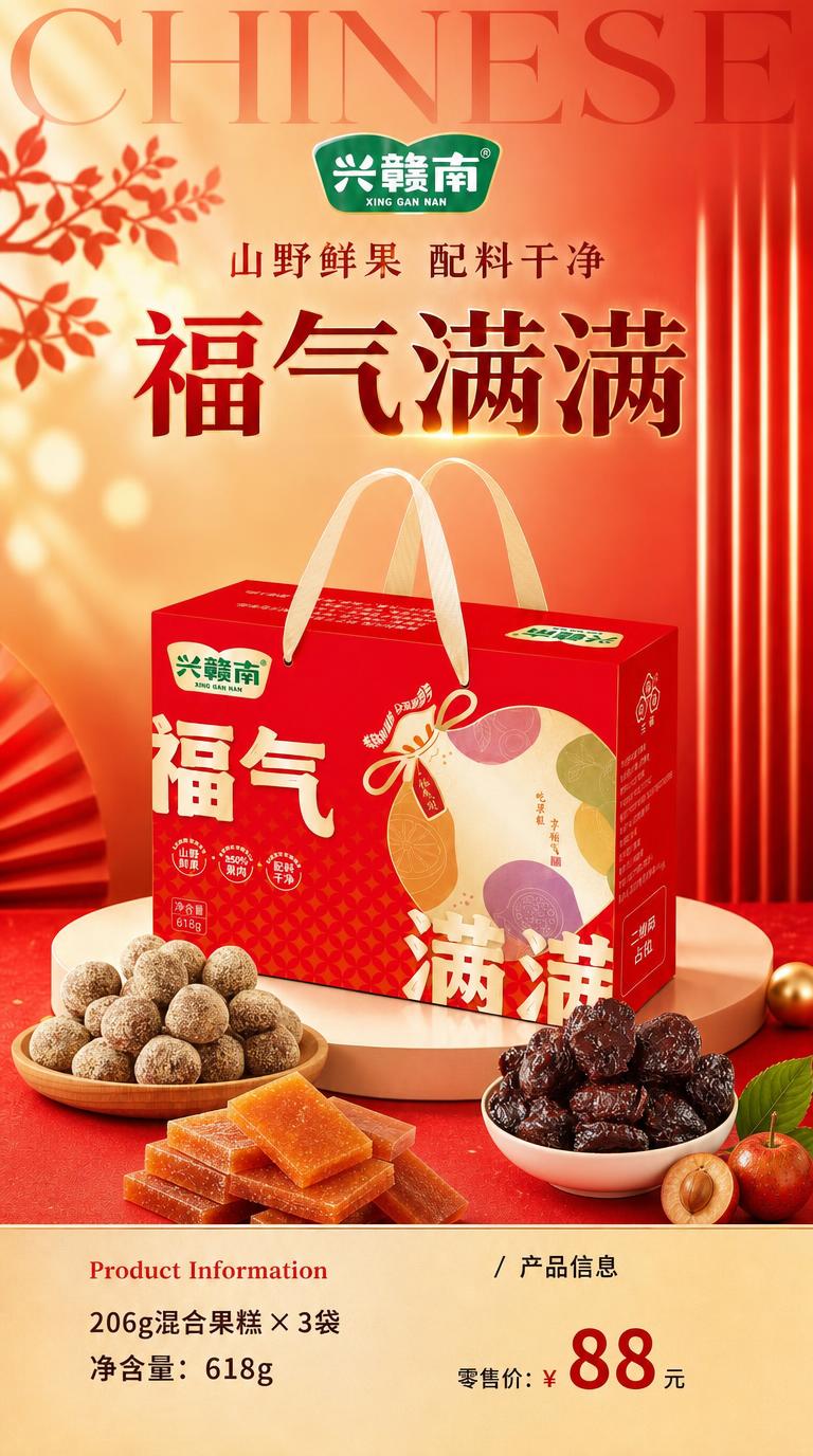 基于第一张福气满满红色礼盒海报进行修改，保持整体版式、构图、背… - 图片创意预览