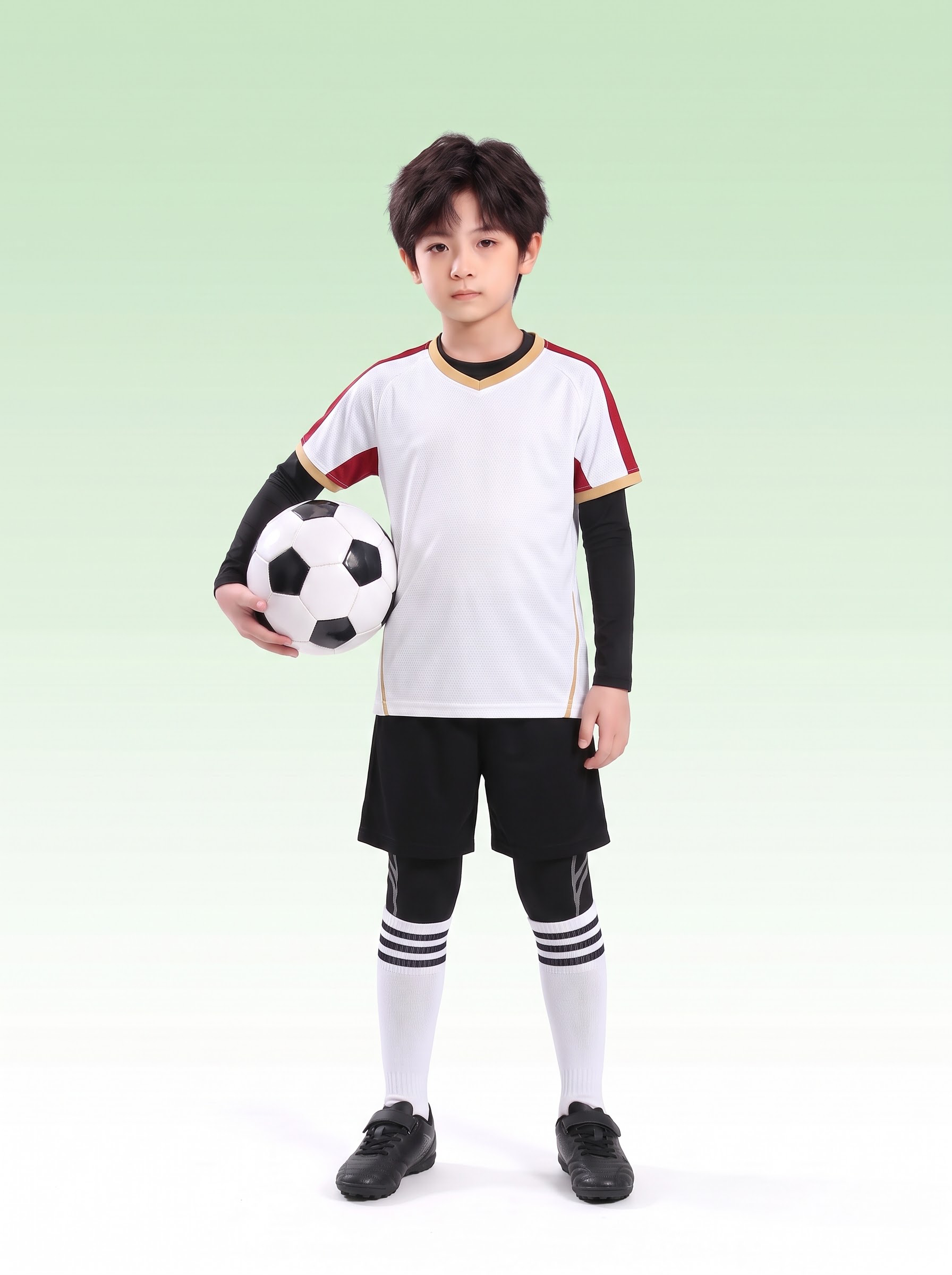 请将参考图2的【白色足球服套装（含短袖球衣、黑色短裤、白色长袜… - 图片创意预览