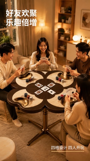 [第5屏] 动态使用瞬间-好友聚会掼蛋娱乐场景展示。本屏使用【图1】作为产品主体。
[氛围/风格] 热闹温馨的聚会氛围，真实抓拍质感，自然生活化光影。
[元素布局] 四位好友围坐在掼蛋桌四周，正在进行预览效果