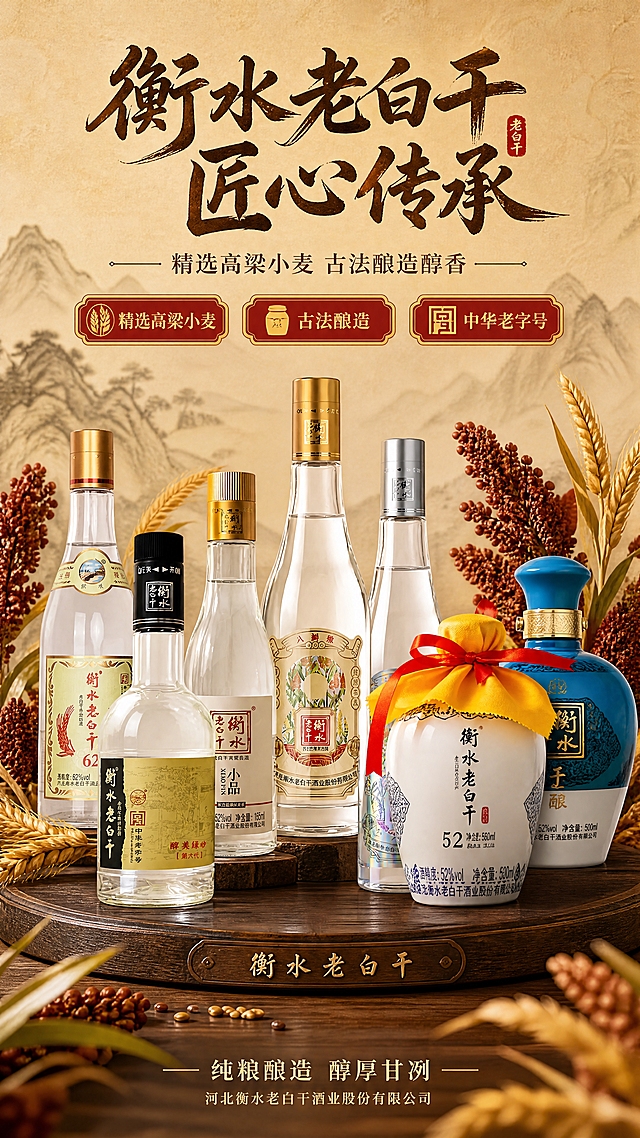 中式白酒商业海报，新中式国风风格，写实商业摄影质感。

【产品主体】七瓶衡水老白干白酒（图1至图7），100%还原上传商品图的产品外形、包装、LOGO、印刷文字、净含量，以上传图为唯一商品主体来源，完整保留原图中的瓶型、轮廓、结构、比例、瓶盖、标签版式、品牌logo、容量信息、材质质感、颜色与正面朝向，包装、配色、产品结构与标签布局均与上传图保持一致；七瓶酒错落陈列，有前后层次，主产品居中略大，其余六瓶环绕分布，产品之间留有合理物理空间，不穿模不重叠。

【场景与光影】中式国风场景，背景为淡雅的米黄色宣纸纹理，远处有淡墨山水意境的山峦轮廓。中景产品周围散落着饱满的红色高粱穗与金黄色小麦穗，颗粒清晰，作为原料元素点缀氛围，不遮挡产品主体。底部有深棕色木质展台承托，台面有细腻木纹。前景有虚化的高粱叶与麦穗作为景深点缀。主光来自左前上方45°柔和暖光，产品玻璃质感通透，瓶身有自然高光与环境反射，整体光影柔和温暖，营造醇厚古朴的酿酒氛围。

【配色】主色调为米黄、深棕、中国红、金色；点缀高粱红与小麦金黄；整体暖调，古朴典雅有质感。

【文字与版式】版式精美，层级分明。
画面上方居中主标题："衡水老白干 匠心传承"，采用苍劲有力的书法字体，深棕色或金色，字号醒目。
主标题下方副标题："精选高粱小麦 古法酿造醇香"，宋体或楷体，深棕色，字号次之。
画面左右两侧或下方分布三个卖点标签："精选高粱小麦"、"古法酿造"、"中华老字号"，标签为中式印章或卷轴样式，红底金字或棕底金字，简洁大气。
画面底部有装饰性文案："纯粮酿造 醇厚甘冽"，小字点缀。
所有文字清晰可读，不遮挡产品主体关键信息。

画面中所有信息区域必须填充完整合理的内容，不得出现空白框、空白占位、横线待填写区域。

【比例与画质】4K超高清，严格锁定宽高比为9:16。