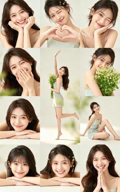 人物形象和脸型特征不变

 生成10张甜美姿势图片  背景无所谓预览效果