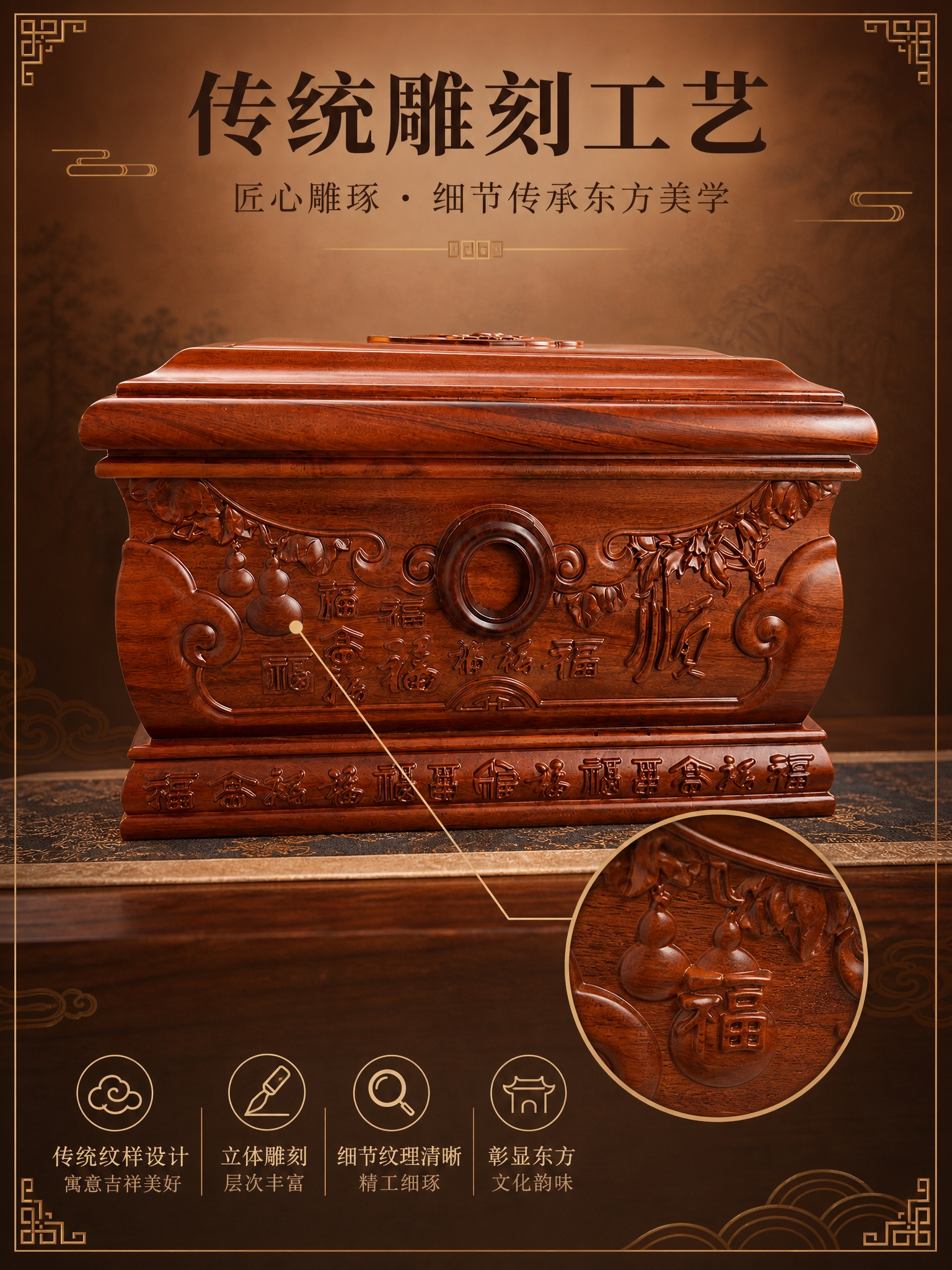[商品] 使用【图1】古夷苏木实木骨灰盒正面雕刻细节图；保留福… - 图片创意预览