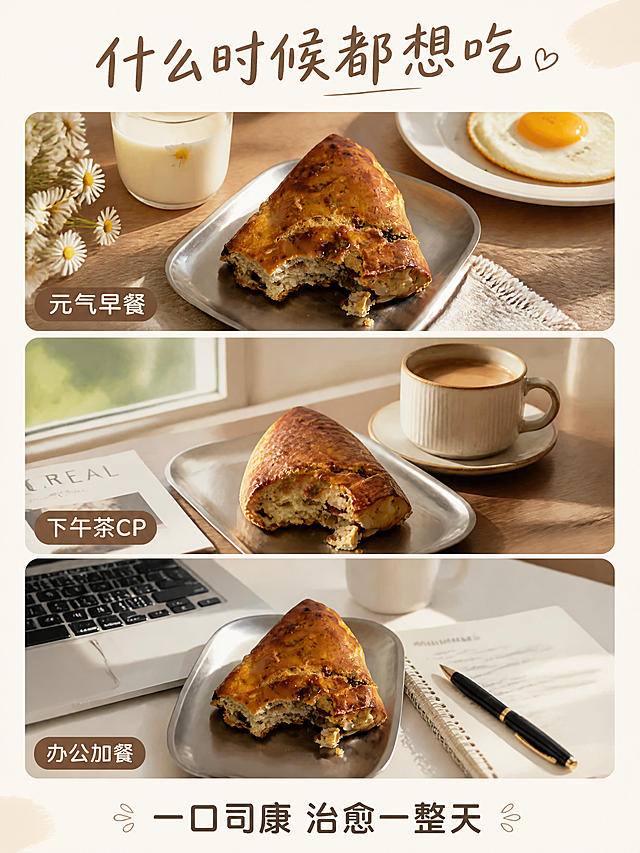 [第5张] 场景种草页-多场景食用拼图。本张使用【图1】作为商品主体，分别融入三个场景中，保持司康外观一致。
[氛围/风格] 小红书生活方式种草风，三格竖拼场景，暖调治愈，真实生活化。
[元素布局] 画面竖向分为三等份圆角卡片：上段「早餐时光」- 司康放在木质餐桌，配牛奶杯、煎蛋、小雏菊；中段「下午茶歇」- 司康配咖啡杯、杂志、窗边阳光；下段「办公加餐」- 司康放在电脑旁，配笔记本、钢笔；每格场景都有司康清晰出镜。
[光影质感] 每格场景自然光感，上段晨光暖黄，中段午后柔光，下段室内暖光，整体色调统一。
[配色色系] 全局底色浅米白 #FAF6EF；主色暖棕、米黄；辅助色奶白、浅绿点缀。
[视角构图] 竖拼三段式构图，每格独立场景，阅读动线从上到下。
[文字版式] 每格场景左下角配场景标签，圆角棕底白字，分别为「元气早餐」「下午茶CP」「办公加餐」；画面顶部主标题「什么时候都想吃」，手写体大字；底部副标题「一口司康 治愈一整天」，圆角黑体；文字不遮挡司康。
[比例分辨率] 3:4竖版比例，4K分辨率，文字清晰可辨，高清画质。
[负向提示词] 司康变形，场景错乱，颜色偏差，水印，文字过小，拼图边缘不齐。