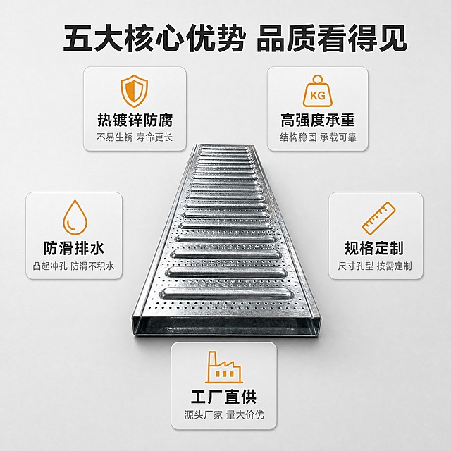 [主图-2] 镀锌钢格板核心卖点图 展示五大功能优势环绕布局
[统一基调] 专业工业风 干净稳重 浅灰渐变背景 主标题深灰加粗黑体 辅助文字中灰 强调色橙黄色 圆角信息卡片 无多余装饰
[画面] 画面中心放置一块完整的镀锌钢格板 微俯视角度 清晰展示板面的防滑冲孔结构与镀锌金属质感 产品占画面约50% 产品四周环绕五个功能图标模块 分别对应五个核心卖点 每个模块为圆角浅灰底卡片 配简约线性图标 上方为卖点词 下方为一句短说明
[光影质感] 商业摄影质感 均匀布光 金属表面反光自然 板面细节清晰 阴影柔和 突出产品立体感与材质真实感
[配色] 背景浅灰渐变 卡片浅灰白底 图标橙黄色 卖点标题深灰 说明文字中灰 整体统一冷色调工业风
[文字版式] 顶部居中大标题"五大核心优势 品质看得见" 字体加粗 产品上方两个卡片 左侧"热镀锌防腐"配盾牌图标 下方写"不易生锈 寿命更长" 右侧"高强度承重"配承重图标 下方写"结构稳固 承载可靠" 产品左侧"防滑排水"配水滴图标 下方写"凸起冲孔 防滑不积水" 产品右侧"规格定制"配尺子图标 下方写"尺寸孔型 按需定制" 产品下方"工厂直供"配工厂图标 下方写"源头厂家 量大价优" 所有文字横排 卡片不遮挡产品主体
[输出要求] 比例1:1 文字清晰可读 产品清晰不变形 无错字 无杂乱背景 无水印 无平台Logo
