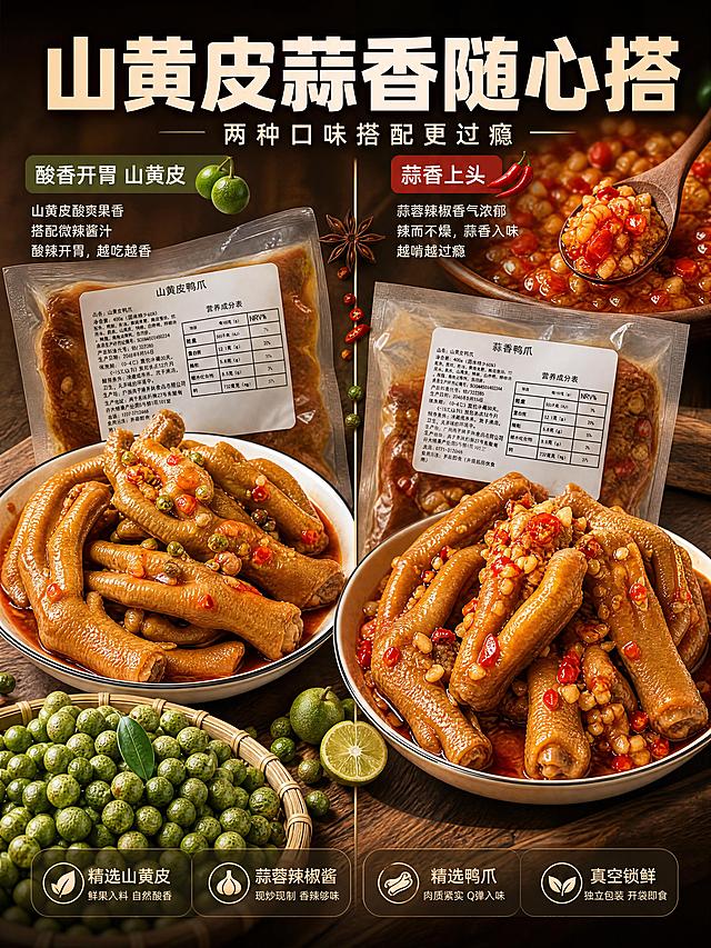 [商品] 使用【图2】山黄皮果、【图3】蒜蓉辣椒酱、【图4】鸭爪成品图、【图5】山黄皮鸭爪袋、【图6】蒜香鸭爪袋；保留山黄皮果青绿带斑点外形、蒜蓉辣椒碎颗粒质感、鸭爪酱色形态、包装袋标签信息；增强食材新鲜度和酱汁油润感。
[画面] 目标：双口味分区展示，一眼分清两种风味。构图：左右对半分栏，左侧山黄皮口味区，右侧蒜香口味区，中间用细线或香料装饰分隔。主体占画面70%。左侧：山黄皮果堆+山黄皮鸭爪盘+对应包装袋；右侧：蒜蓉辣椒酱特写+蒜香鸭爪盘+对应包装袋。景别：中景+局部微距结合。阅读动线：从左到右对比阅读。前中后景：前景原料特写、中景鸭爪成品、后景口味标签卡。
[视觉] 套系策略：风格=大师级美食商业摄影，强食欲感，暖调光影；标题字=粗黑体+轻微圆角，厚重有力；正文字=简洁无衬线体，清晰易读；主色=酱红棕+暖橙；背景延展=深棕色渐变背景+细腻木质纹理暗角，同色系深浅层级；强调色=辣椒红，仅用于小面积标签、图标和高亮；标题色=米白色+暖橙渐变；正文色=浅米黄；组件=圆角半透明深色信息卡、细线引线、辣椒/山黄皮小图标；光影=左前侧45度暖柔光，酱汁高光明显，暗部有层次不死黑。
[文字] 左上「山黄皮蒜香随心搭」大标题，副标题「两种口味搭配更过瘾」。左区小标题「酸香开胃 山黄皮」，右区小标题「蒜香上头」，各配2-3行风味描述小字。文字均为横排，分区清晰不遮挡主体。
[规格] 图片比例3:4竖版，4K分辨率，负向提示：避免变形、错字、文字过小、冷蓝背景、颜色失真、竖排文字、斜排文字。