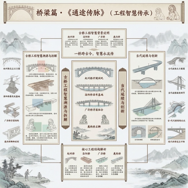 传统中式卷轴风格流程图，主题为“桥梁篇・《通途传脉》（工程智慧传承）”，顶部标题区域融入古桥拱券纹样与石狮轮廓，搭配清雅书法字体。中央是赵州桥敞肩拱、洛阳桥筏形基础、广济桥浮梁结合、卢沟桥石狮四大古桥预览效果