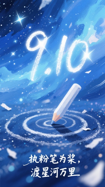 背景是深邃的蓝色星河，点缀着闪烁的星光与朦胧的星云，营造出浩瀚宇宙的氛围。画面中央用白色粉笔质感的字体呈现 “9.10”，字体边缘带有粉笔屑飘散的效果。下方一支粉笔倾斜着，笔尖接触下方的圆形粉笔灰轨迹预览效果