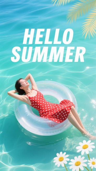 明亮清新的夏日主题海报，以通透的渐变蓝绿色水波纹为背景，营造出凉爽、水润的氛围。画面上方，一位穿着红色波点连衣裙的女性侧身慵懒地躺在透明的充气游泳圈上，漂浮在水面，姿态放松惬意。海报整体视觉层级清晰，仅保留简洁的“HELLO SUMMER”白色大写标题文字位于中央偏上位置，字体为无衬线体，醒目突出。底部点缀着几朵白色小雏菊，右上角有几片淡黄色的棕榈叶作为装饰元素，增强夏日气息。整体构图采用垂直……预览效果