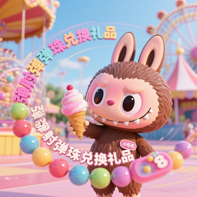 它手拿冰淇淋在游乐园，它占整图的30%左右，要有弹射弹珠兑换礼品8个字预览效果