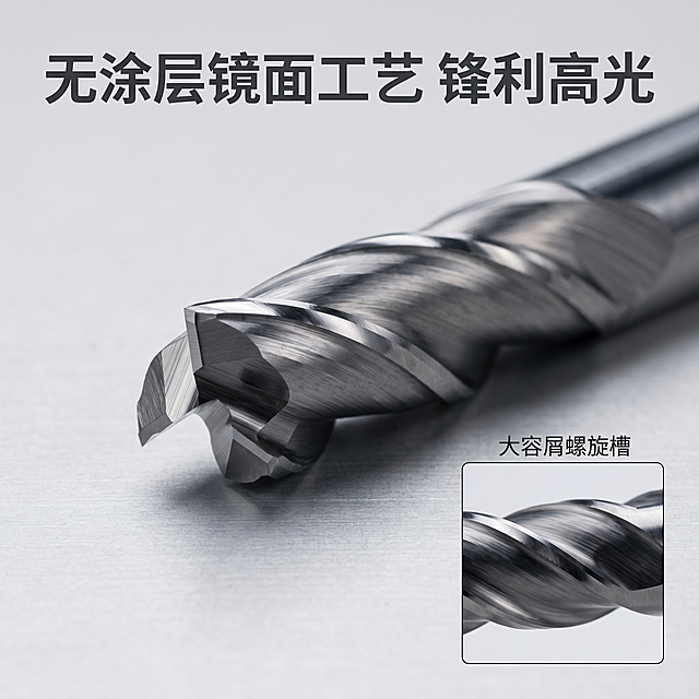 [主图3] 铝用高光3刃钨钢铣刀工艺细节特写。[氛围风格] 工业简约风，材质细节展示。[画质] 商业摄影质感，微距清晰锐利，画面干净高级，纹理质感真实。[元素] 保持铝用高光3刃钨钢铣刀的外观（物理结构、材质质感、颜色）与输入产品图绝对一致，杜绝任何变形和色差，精细化处理。主画面为铣刀切削刃口的微距特写，突出展示无涂层镜面工艺和锋利刃口，右下角添加一个小画中画框，放大展示3刃大容屑螺旋槽结构，每个小图框添加简短标题。铣刀放置在浅灰色哑光工作台上，主体占画面约70%。[光影] 侧光打亮刃口，突出镜面反光和锋利边缘，高光清晰，细节纹理分明，体现原生钨钢材质的质感。[配色] 浅灰色背景，金属银产品，深灰文字，保持工业简约专业感。[视角构图] 微距特写平视角度，主体突出，画中画细节补充，整体满版无框。[文字版式] 顶部标题“无涂层镜面工艺 锋利高光”，深灰色粗体大字；右下角画中画框上方标注“大容屑螺旋槽”小字标题，文字清晰不遮挡主体。[比例分辨率] 1:1 比例，2k分辨率，文字清晰锐利，画面超高清。[负向提示词] 变形，水印，文字错乱，产品图模糊，背景杂乱，细节模糊。