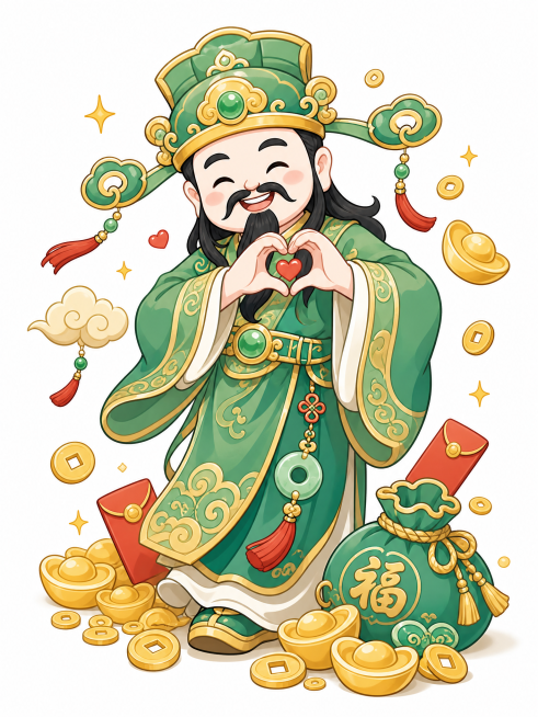 Q版卡通财神，国潮插画风格，和参考图风格一致，财神穿绿色系服饰，做比心动作，周围散落金元宝铜钱和招财元素，喜庆吉祥，配色和姿势和参考图不同预览效果