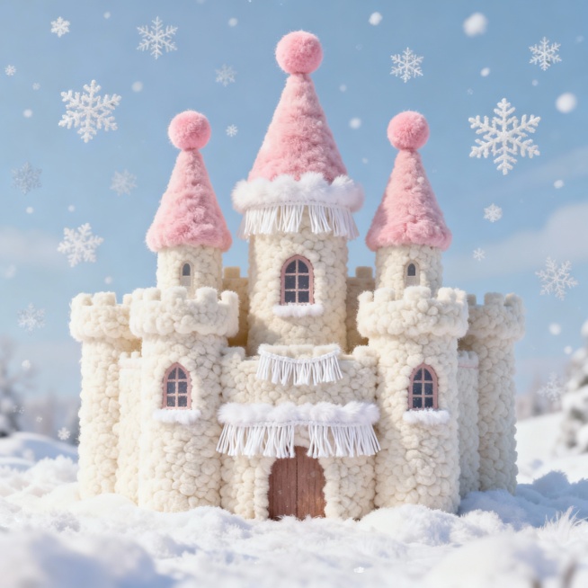 毛绒质感的冬日欧式城堡，整体被奶白色的羊羔毛包裹，城堡的尖塔是粉色的毛绒球造型，窗户边缘挂着白色毛绒流苏，地面覆盖着蓬松的白色毛绒雪地，天空飘着毛绒质感的雪花，整体风格软萌治愈，色彩柔和温暖，画面是卡预览效果