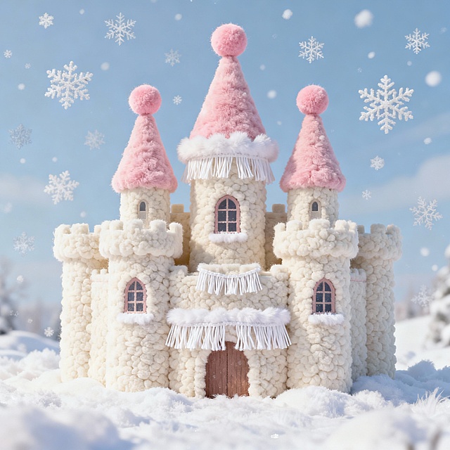 梦幻雪境中的毛绒城堡，软3D质感搭配粉色绒帽与雪花飘落，萌趣可爱，甜蜜卡通风尽显冬日童话魅力。