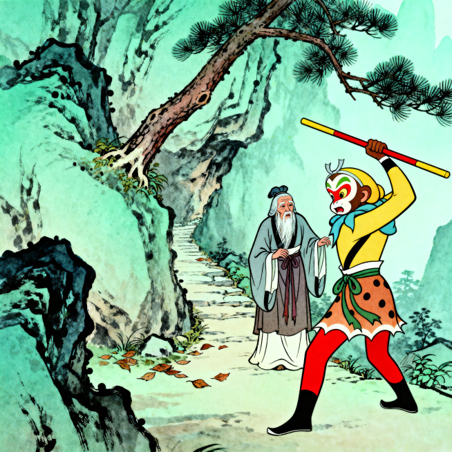 西游记主题插画，孙悟空三打白骨精场景，主角孙悟空突出，古典国风插画，山林古径，妖怪变幻，人物冲突强烈，细节丰富，故事性强预览效果