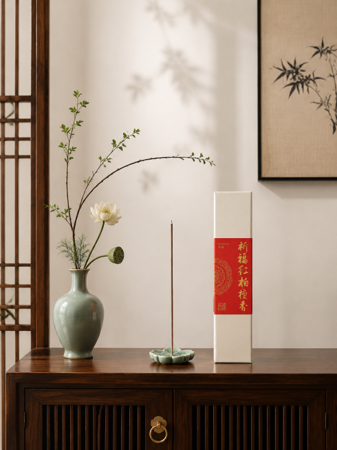 红柏檀香线香礼盒摆放在新中式玄关柜，保持产品不变形，产品标贴文字不变，旁边搭配禅意花艺和香炉，简约雅致家居场景，电商主图预览效果