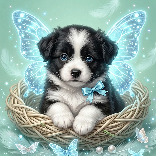 参考原图构图，将主体改为黑白小狗，添加冰蓝发光蝴蝶翅膀，小狗依偎在藤编窝中，背景为薄荷绿渐变，整体是梦幻童话风格
