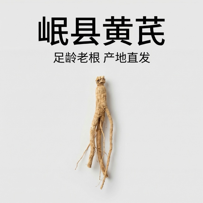 [第一组第1张：首图] 现代简约浅灰色背景，中心展示整根岷县黄芪，大标题用黑色无衬线字体写"岷县黄芪"，副标题写"足龄老根 产地直发"，禁止出现药 保健 养生字样，简洁干净，2k分辨率，完整文案加双引预览效果