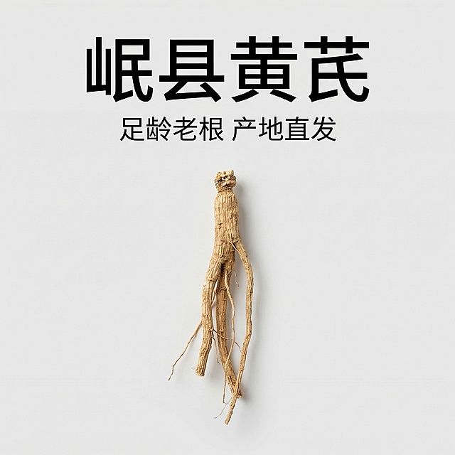 [第一组第1张：首图] 现代简约浅灰色背景，中心展示整根岷县黄芪，大标题用黑色无衬线字体写"岷县黄芪"，副标题写"足龄老根 产地直发"，禁止出现药 保健 养生字样，简洁干净，2k分辨率，完整文案加双引号