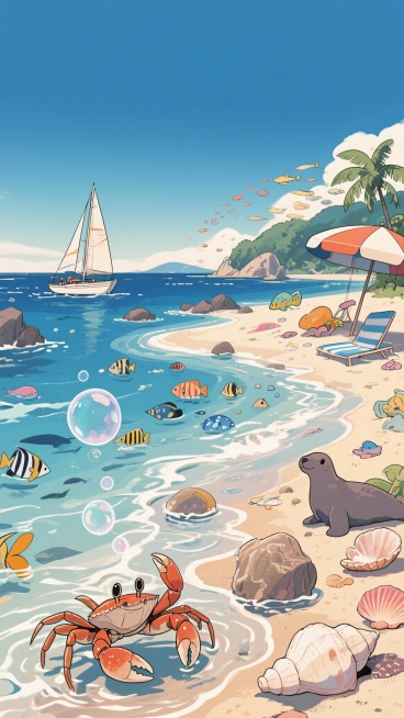 二次元卡通，海边，海洋动物，气泡，深青色，浅蓝色，氛围感夏天、快乐，细节丰富，元素多样，全景构图，9:16,不要人物，生成2张预览效果