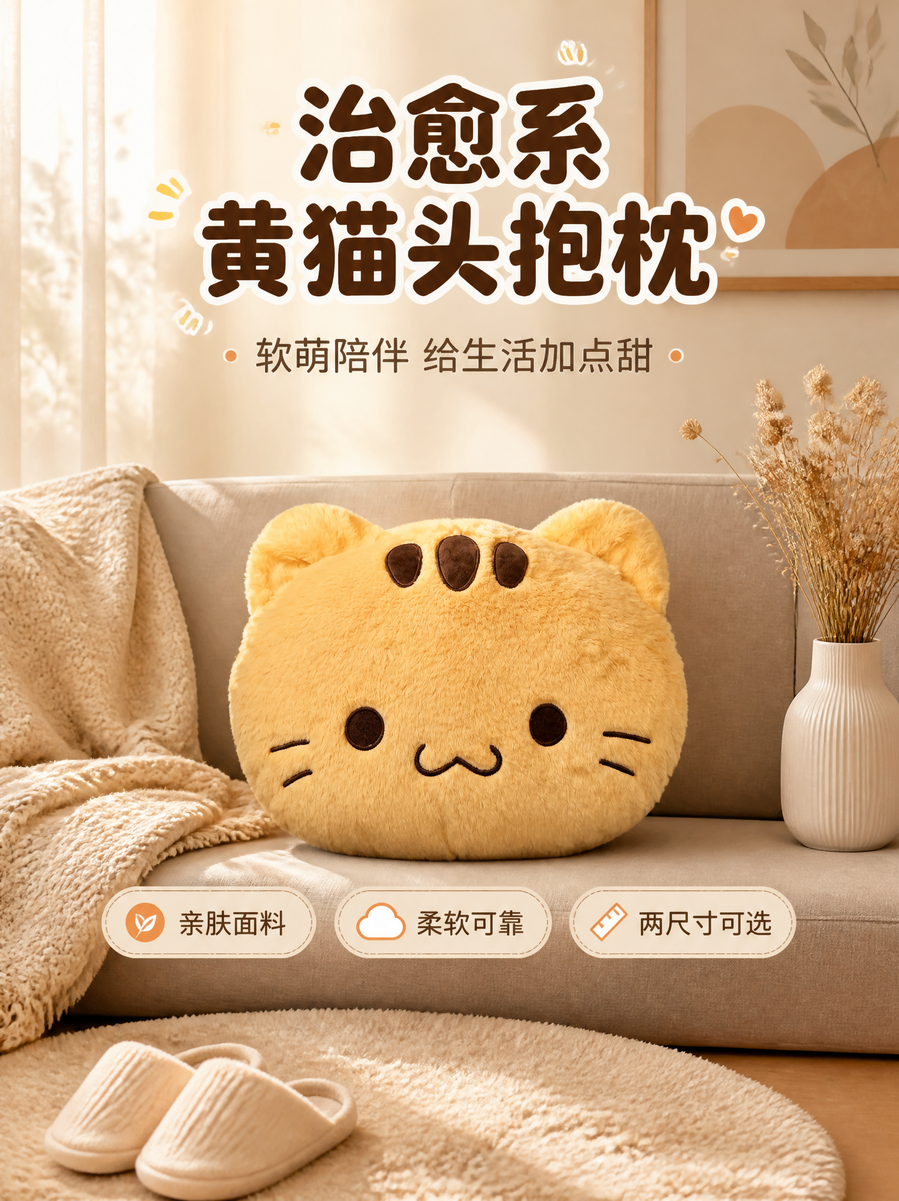 [商品] 使用【图1】黄猫头抱枕；保留暖黄色毛绒材质、头顶三道… - 图片创意预览