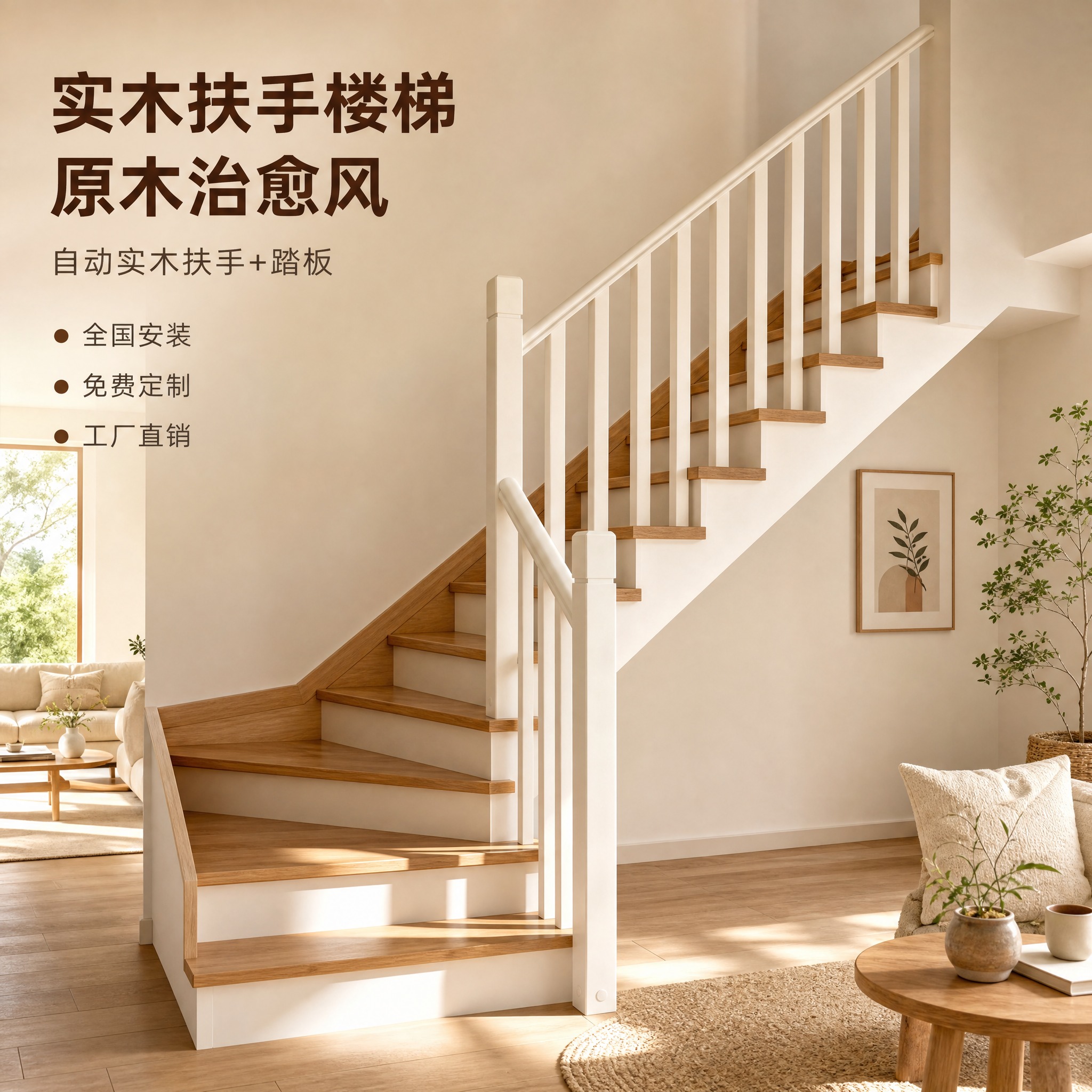 [主图-1] 空间场景与氛围主图，展示实木扶手踏板楼梯在原木治… - 图片创意预览
