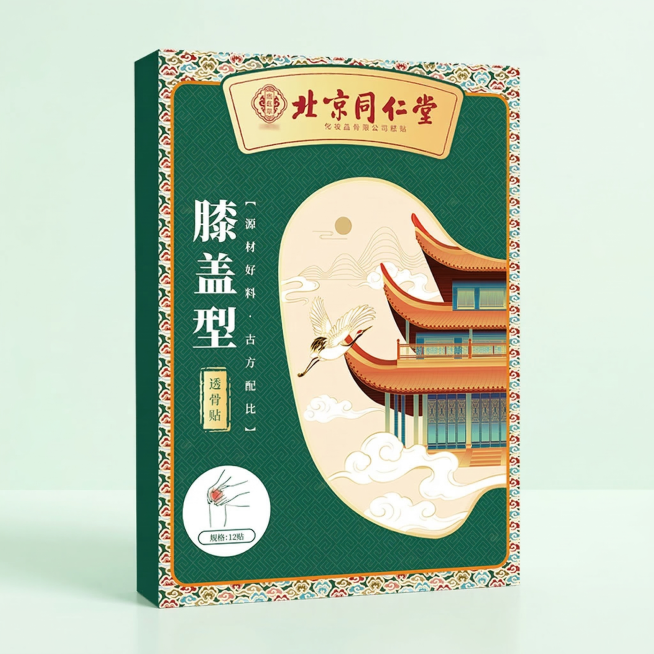 北京同仁堂膝盖型透骨贴产品包装盒放置在画面中心，生成一张电商sku预览图，整体是浅绿色渐变简约医疗健康风格背景，呼应产品包装主色调，产品光线均匀清晰，电商主图风格，800x800像素预览效果