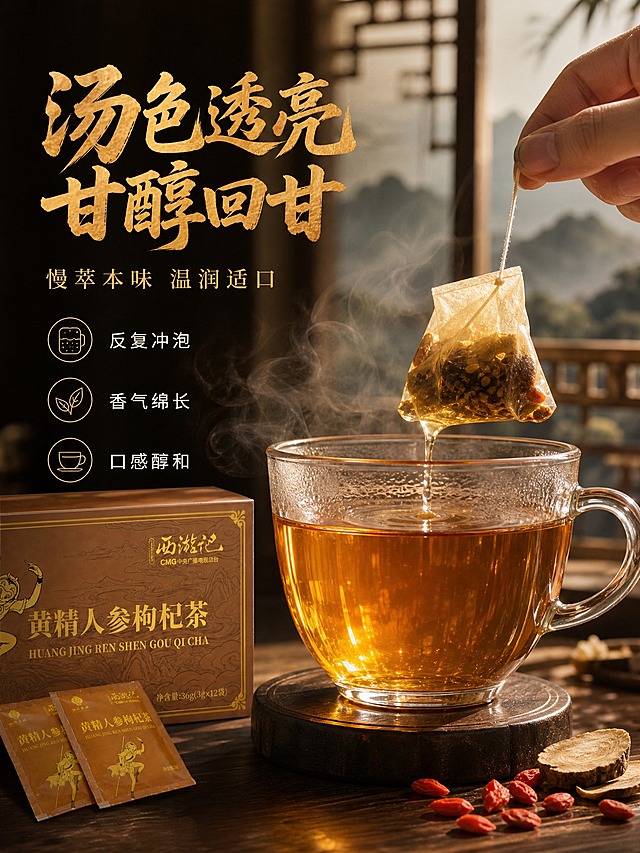 [商品] 使用【图1】茶汤与礼盒图；保留透明玻璃杯、琥珀色茶汤、礼盒包装、茶包设计；商品处理：保持产品外观一致，增强茶汤通透质感与热气效果。
[画面] 详情页第4张，口感质地特写，茶汤微距+冲泡动作。目标是展示汤色透亮、甘醇回甘的饮用体验。画面中央偏右放大展示一只透明玻璃茶杯，杯中盛有八分满的琥珀色透亮茶汤，茶汤清澈有光泽，杯壁有细腻的热气升腾朦胧感，表现温润热饮氛围；杯口旁有一只手正提着茶包线从杯中提起，茶包微微滴水，展现冲泡动作瞬间；杯子放在深色木质杯垫上，旁边散落几颗枸杞与一小片黄精；背景虚化的中式窗格与远山剪影，柔和光线从左侧透入，在茶汤中形成美丽的光影折射；茶汤主体占画面约55%，通透质感突出。
[视觉] 套系策略：风格=国风品质商业摄影 中式山水意境；标题字=粗厚国风书法体 烫金色 有飞白笔触感；正文字=细宋体+简洁黑体组合；主色=深棕 暖棕 烫金；背景延展=基于深棕暖棕做深浅层级 虚化窗格山水 光斑纹理；强调色=茶汤琥珀色 仅用于茶汤本身与小面积高光；标题色=烫金色；正文色=米白色+浅金色；组件=圆角深棕信息卡 金色细线引线 印章式标签；光影=左侧柔和侧逆光 突出茶汤通透感 杯壁高光自然。
[文字] 画面左侧主标题："汤色透亮 甘醇回甘"，粗厚国风书法体烫金色，字号最大；主标题下方副标题："慢萃本味 温润适口"，细宋体浅金色；副标题下方3个小卖点竖排："反复冲泡""香气绵长""口感醇和"，简洁黑体米白色，配小图标；所有文字放在左侧负空间，不遮挡茶汤主体。
[规格] 图片比例3:4竖版，4K分辨率，文字横排清晰可读，移动端可辨；禁止变形、错字、文字过小、京东Logo、水印、二维码、绝对化用语、医疗功效宣称、冷蓝背景、茶汤不真实、手指畸形。