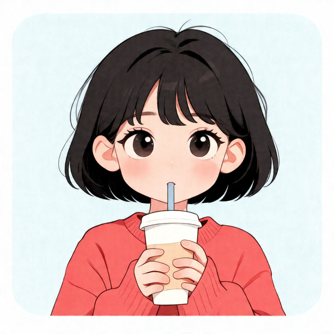 参考图片的卡通风格和人物动作，生成一张全新不同人物的正方形头像，差异化更大，和上一张生成的人物也不同，保持双手捧奶茶杯用吸管喝的动作，高清晰，浅灰蓝色背景预览效果