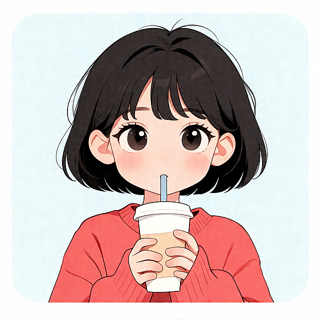 参考图片的卡通风格和人物动作，生成一张全新不同人物的正方形头像，差异化更大，和上一张生成的人物也不同，保持双手捧奶茶杯用吸管喝的动作，高清晰，浅灰蓝色背景
