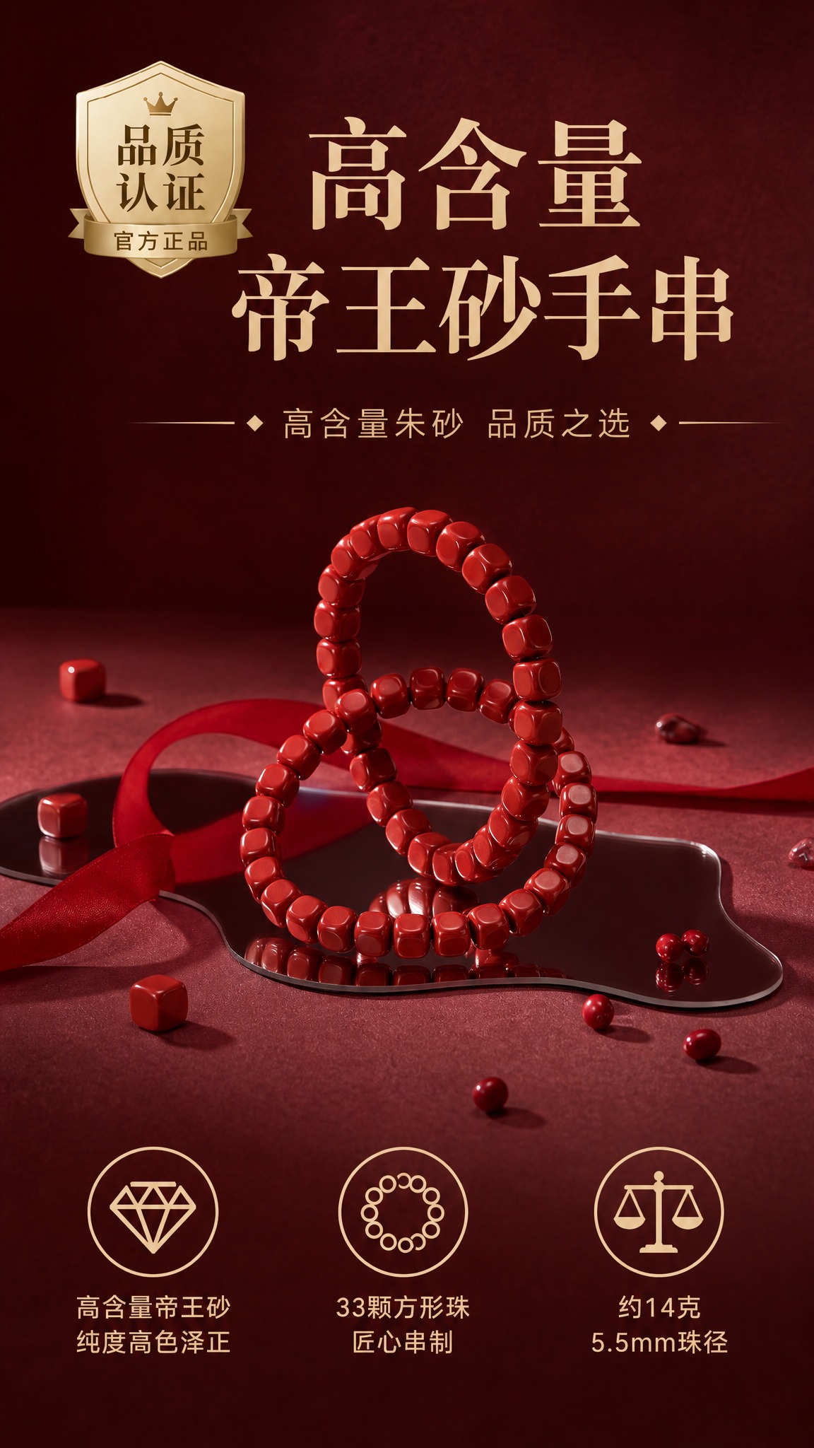 电商详情页首屏海报，高含量帝王砂方形珠手串，酒红渐变高级质感背… - 图片创意预览