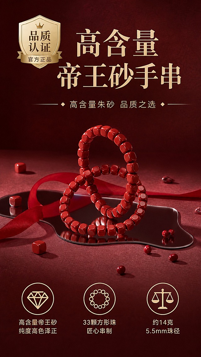 电商详情页首屏海报，高含量帝王砂方形珠手串，酒红渐变高级质感背景，朱砂手串置于镜面托盘上，周围散落朱砂小珠与红色丝带，左上角金色盾牌品质认证徽章，主标题大字"高含量帝王砂手串"，副标题"高含量朱砂 品质之选"，底部三个圆形卖点图标：钻石图标配文"高含量帝王砂 纯度高色泽正"、珠串图标配文"33颗方形珠 匠心串制"、天平图标配文"约14克 5.5mm珠径"，整体风格与参考图一致，红金配色，高级珠宝摄影质感，光影柔和，9:16竖版