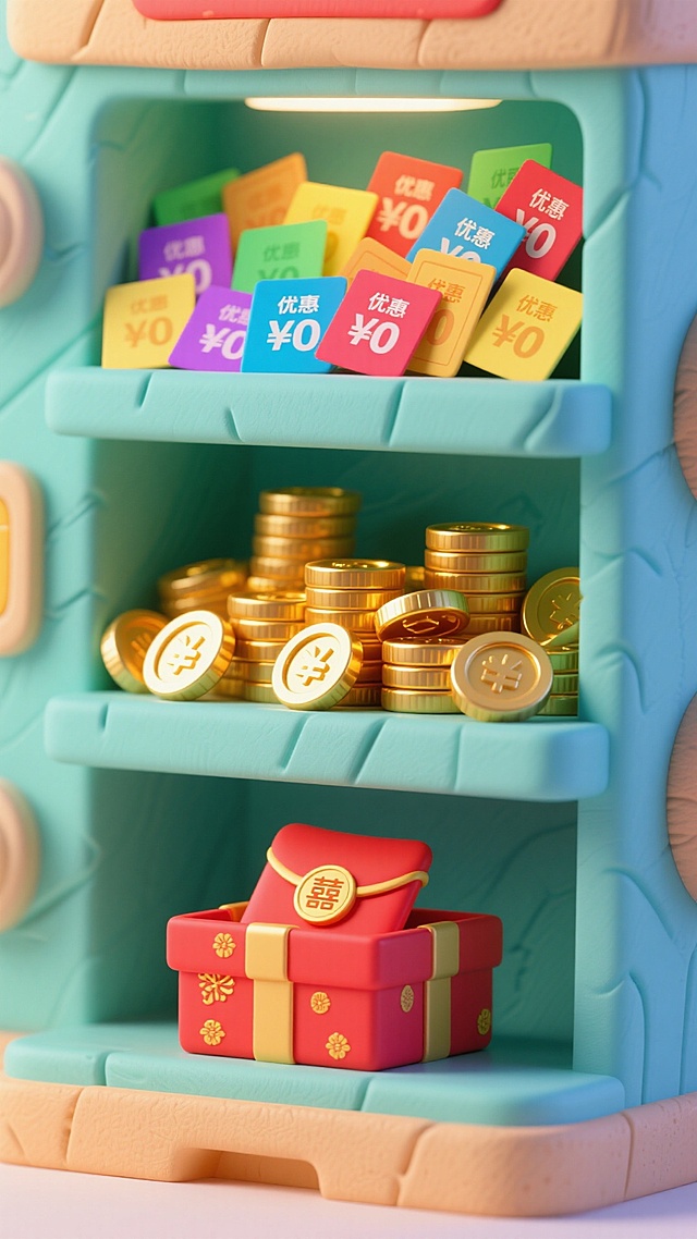 软3D风格的卡通收纳柜，内含多彩优惠券、金光闪闪的硬币与红色礼盒，拟人化设计充满可爱感与喜庆氛围，塑料质感增强视觉趣味。