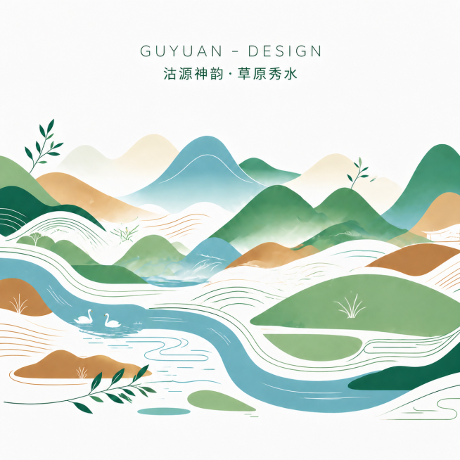 保留原图的国风扁平插画风格、流线型山水配色构图，保留上方文字"GUYUAN - DESIGN 沽源神韵·草原秀水"，去掉画面中所有人工建筑物（纪念碑、石桥、牌坊、蒙古包、风车），只保留自然草原河流山水预览效果
