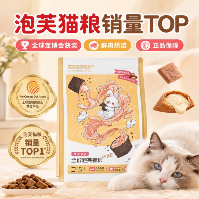 [主图-5] 全价泡芙猫粮品质背书收口；
[氛围风格] 专业可信可爱治愈风格；
[画质] 商业摄影质感、光线柔和通透、产品清晰真实、画面干净高级，4k分辨率；
[元素] 保持原产品包装袋外观与风格一致预览效果