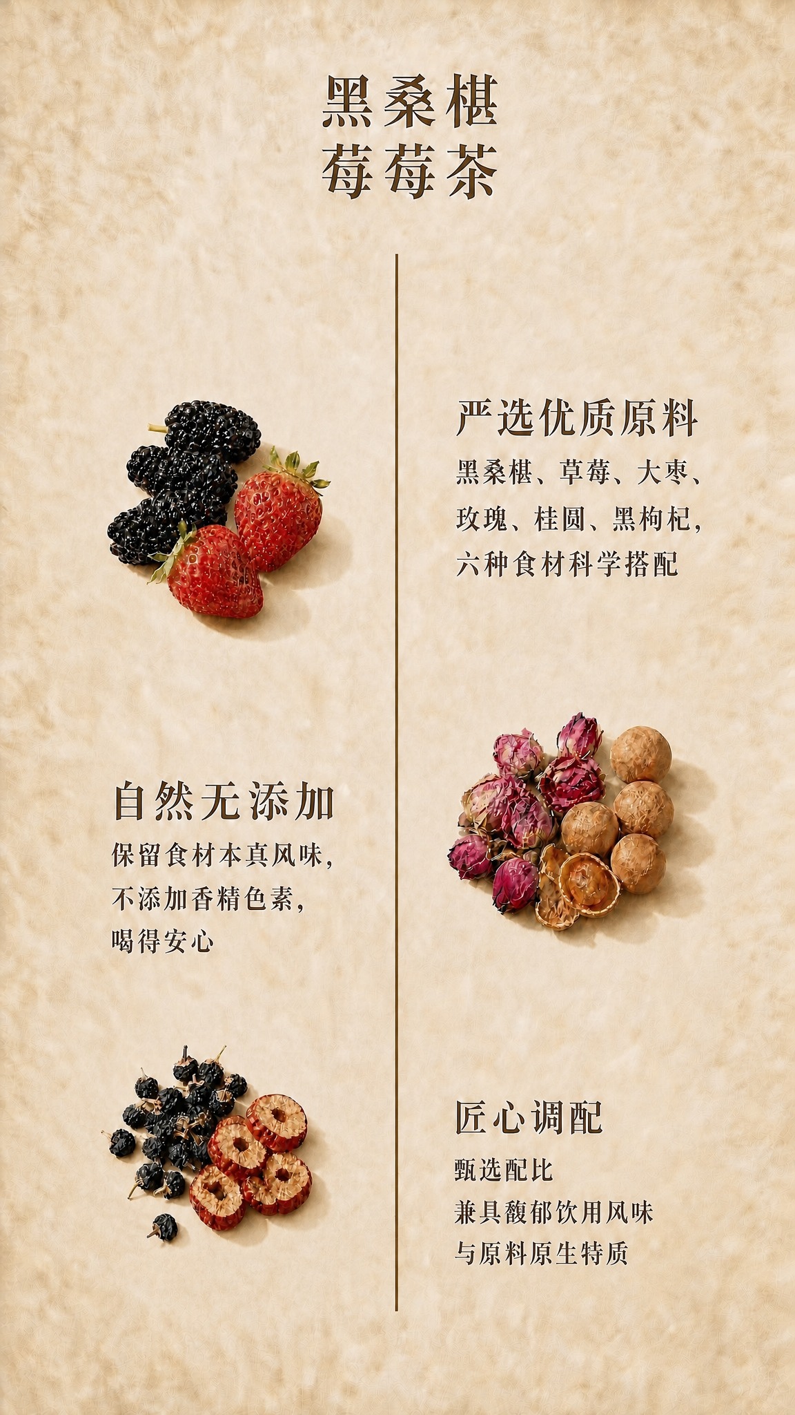 将图中所有水果/食材（左上黑桑椹草莓、中间玫瑰花桂圆、左下黑枸… - 图片创意预览