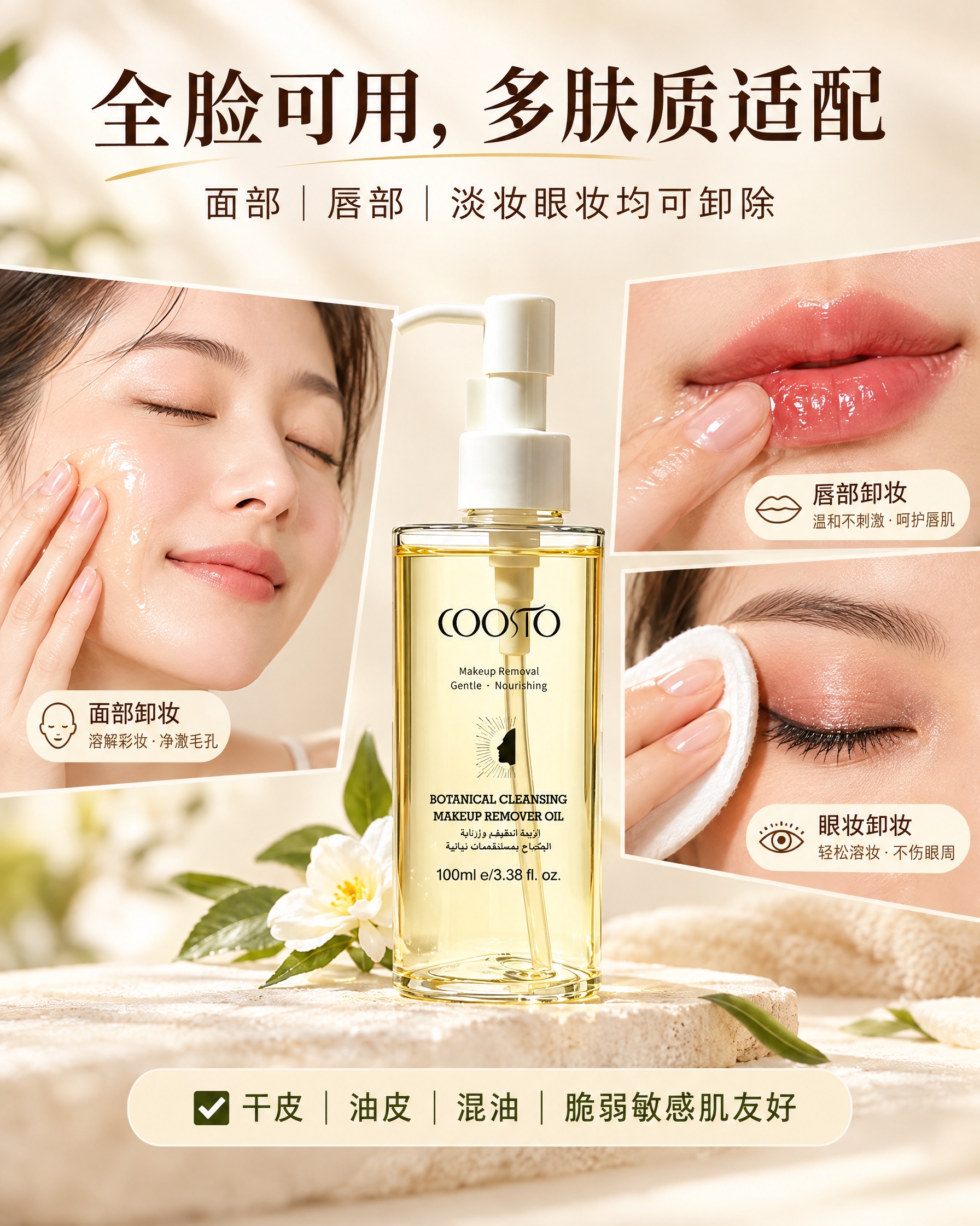 电商主图第四张，COOSTO植萃净澈卸妆油使用场景与肤质适配图… - 图片创意预览