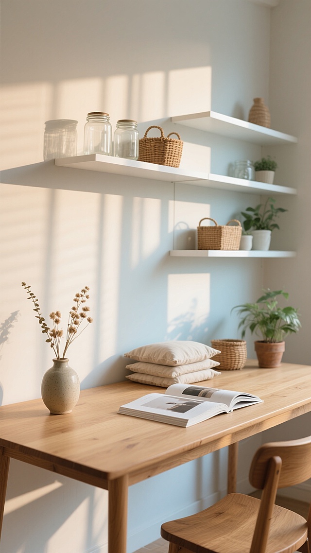自然光摄影风格，柔和明亮的光线从侧上方洒入，在浅米色墙壁上形成清晰的光影条纹，温暖的木质桌面占据画面下方三分之一，桌面上摆放着不同的家居摆设，如插有干花的陶瓷花瓶、叠放的布艺靠垫和一本翻开的装饰画册，背景中是重新布置的白色开放式置物架，架上陈列着造型简约的玻璃罐、藤编收纳篮和绿植盆栽，整体色调采用原木色、浅灰色与淡蓝色的和谐搭配，营造出清新自然、整洁有序的现代简约家居氛围，焦点清晰，背景适当虚化，画面质感细腻，具有良好的空间层次感和舒适的居家温馨感。