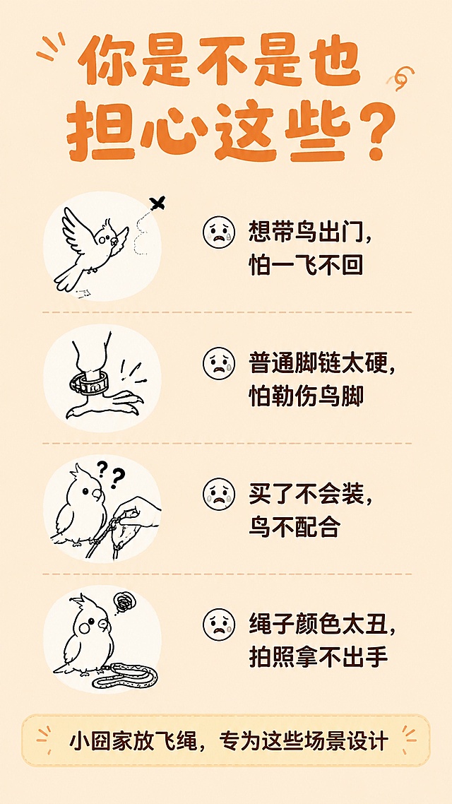 [第2屏] 痛点共鸣情绪页，鹦鹉放飞绳痛点展示。比例 9:16，宽度 1080，高度 1920。
[氛围/风格] 温暖简约干净，手绘线稿图标风格
[元素布局] 浅橙色背景，顶部大主标题，下方四个痛点纵向整齐排列，每个痛点配一个简约手绘线稿小图标，图标统一黑白线稿风格，四个痛点间距均匀，底部放置引导横幅，整体不放置产品图
[光影质感] 均匀柔光，无明显阴影，整体干净整洁
[配色色系] 整体底色 #FFEDD8（浅橙色），主标题深橙色，文字深棕色，图标黑色线稿
[视角构图] 纯信息排版，纵向布局，从上到下阅读
[文字版式] 主标题：你是不是也担心这些？，四个痛点依次是：😰 想带鸟出门，怕一飞不回；😰 普通脚链太硬，怕勒伤鸟脚；😰 买了不会装，鸟不配合；😰 绳子颜色太丑，拍照拿不出手，底部浅米色块放引导文字：小囧家放飞绳，专为这些场景设计，所有文字字号适合手机阅读
[负向提示词] 产品图，实拍图标，文字过小，颜色刺眼，排版杂乱