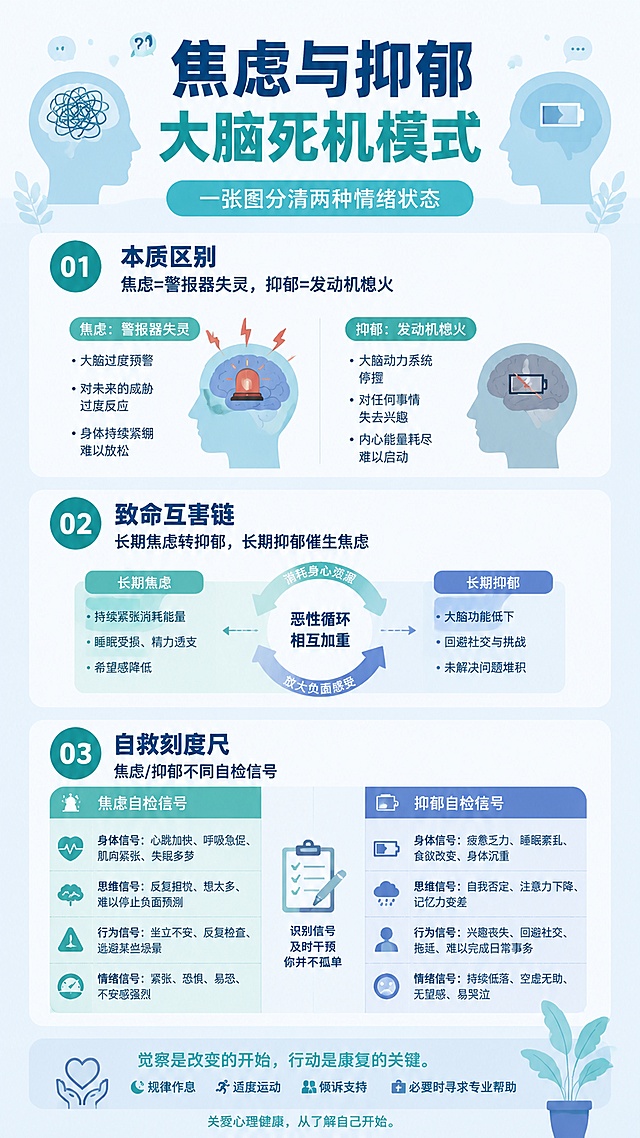 【焦虑与抑郁：大脑的两种“死机模式”】
❶ 本质区别
焦虑 = 警报器失灵（灾难想象循环，心慌手抖，坐立难安）
抑郁 = 发动机熄火（情感麻木，意志瘫痪，刷牙如爬山）

❷ 致命互害链
长期焦虑 → 神经递质耗竭 → 转成抑郁性麻木
长期抑郁 → 自我否定泛化 → 催生社交/健康焦虑

❸ 自救刻度尺（自检信号）
🟡 焦虑主导：过度规划、反复检查、胸闷惊醒
🔵 抑郁主导：早醒倦怠、丧失兴趣、食欲骤变「图片1」