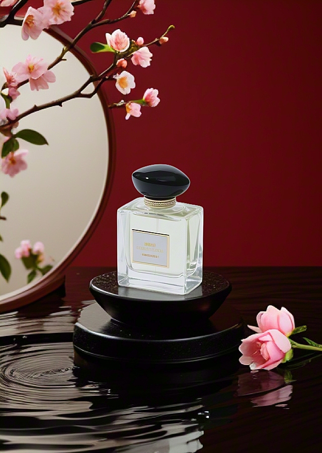 东方美学，产品放在黑檀木上，水面波光，粉色小花装饰画面，产品后面有圆形绘有桃花的屏风，暗红中国风背景，禅意氛围。