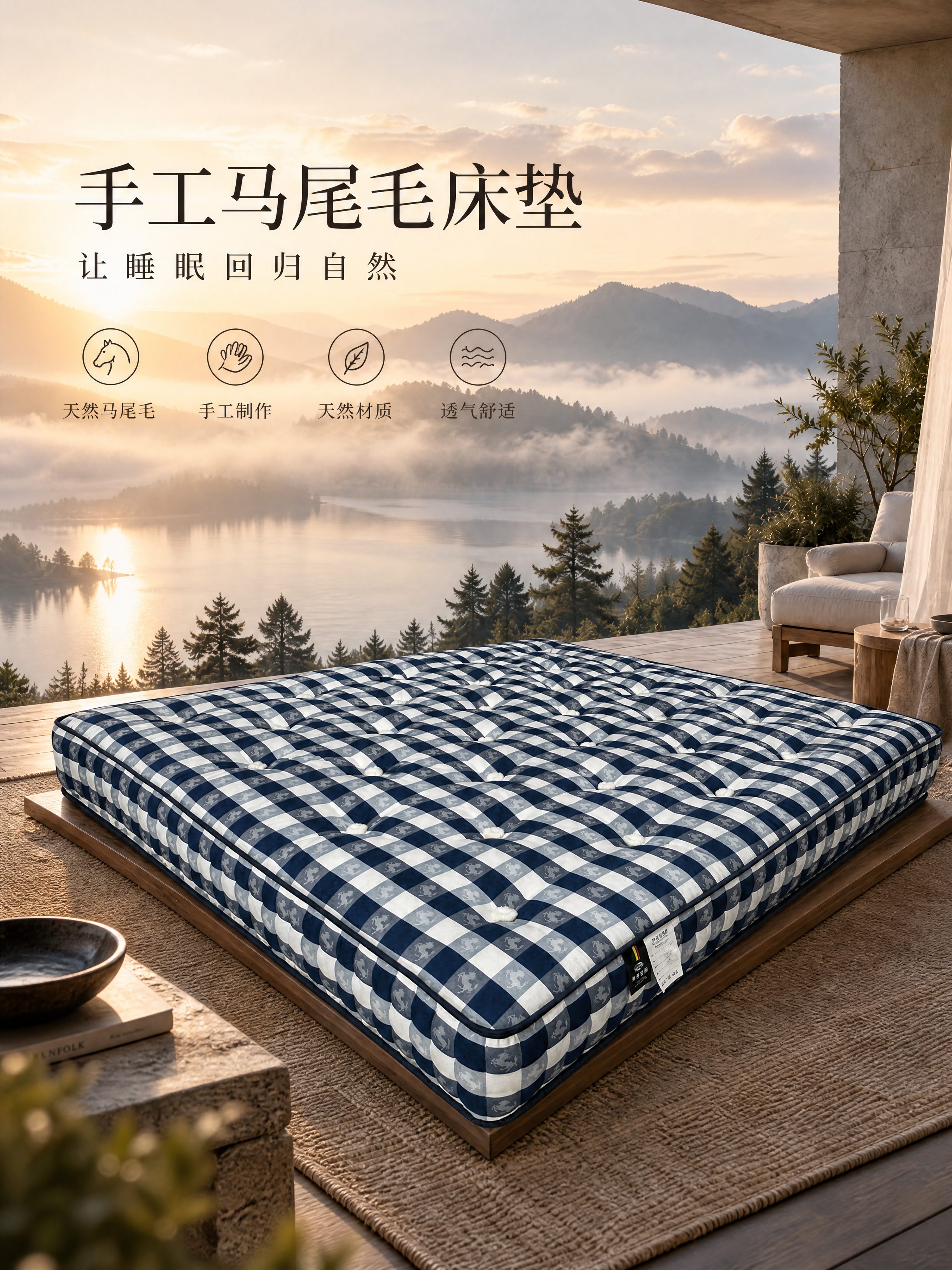 将【图1】的蓝白格纹床垫，放到【图5】的露台山湖场景中，保留床… - 图片创意预览