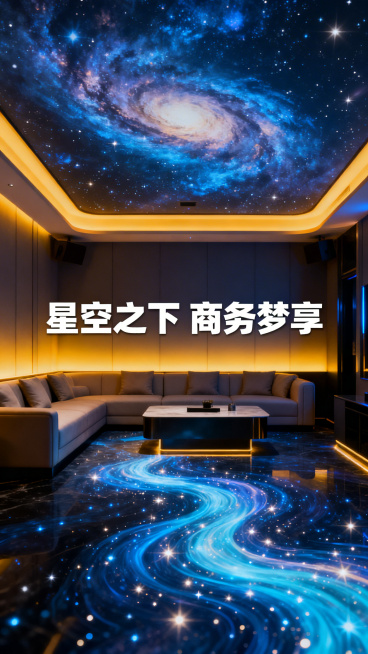 西安商务KTV星空主题包厢，顶幕银河投影，商务人士沉浸梦幻氛围，搭配文字"星空之下 商务梦享"，无LOGO、二维码、联系方式、公司名称预览效果