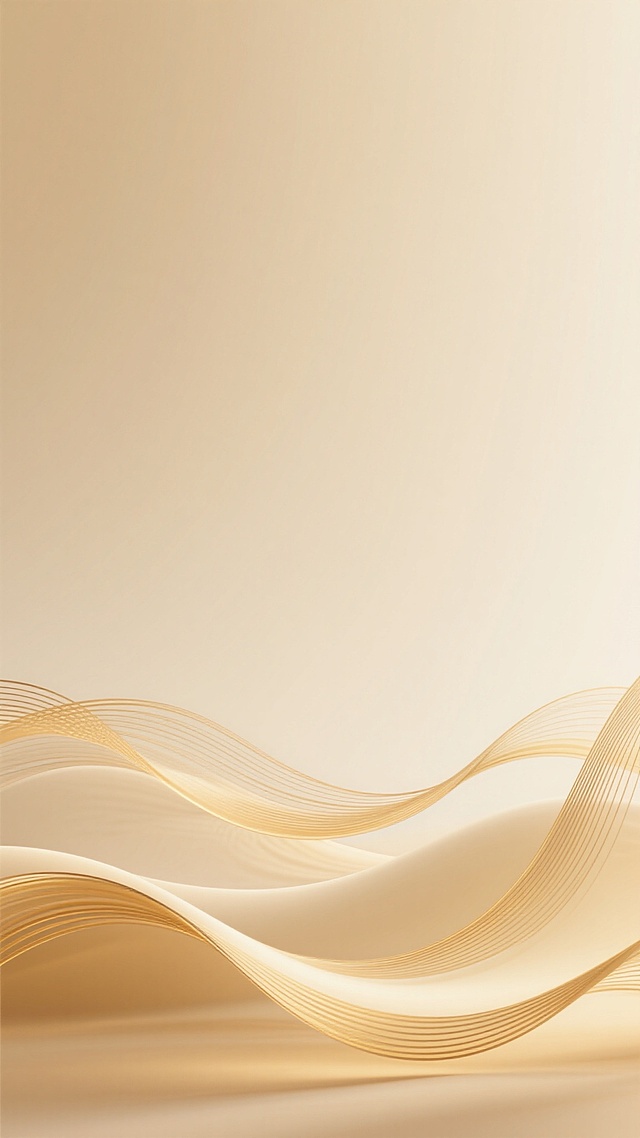 极简主义抽象背景，温暖的米黄色与浅金色渐变色调，柔和的光影效果，底部以流畅交织的金色曲线线条构成波浪状装饰元素，线条细腻且富有韵律感，整体画面简洁优雅，具有现代简约的设计感，营造出宁静柔和且高端的氛围，无文字及标识元素。