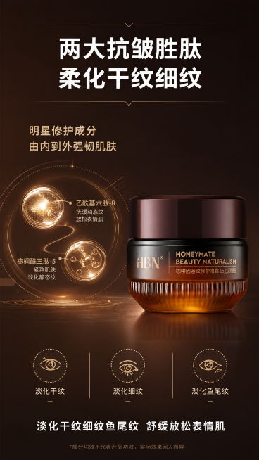 [第6屏] 抗皱胜肽功效展示屏-HBN咖啡因紧致修护眼霜15g。延续深棕奢华护肤风格。[氛围/风格] 专业抗皱功效宣传，灵感源自专业护理，突出科技感。[元素布局] 顶部主标题，中间区域用左右结构，左侧预览效果