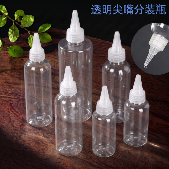 重新调整六个瓶子的前后错落位置，让瓶子自然摆放在深木纹桌面上，添加自然真实的接触阴影，增强瓶子和木纹桌面的融合感，让整体光影更逼真，看起来瓶子就是真实放置在桌面上，保持原有蓝色标题文字和右上角圆形小图预览效果